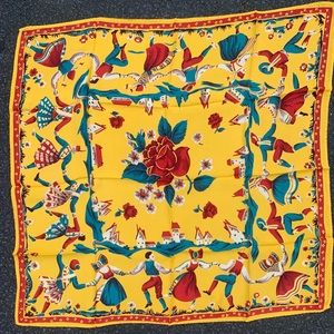 Vintage Dutch hand-rolled, silk scarf European vibrant yellow/red/blue